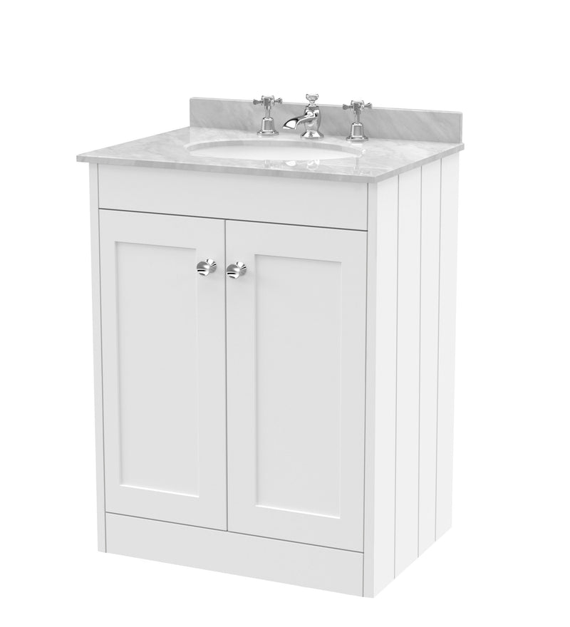 Old London Ashwick Satin White 600mm Floorstanding 2-Door Unit With Marble Top 3 Tap Hole