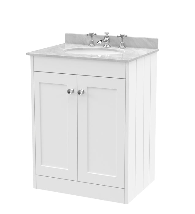 Old London Ashwick Satin White 600mm Floorstanding 2-Door Unit With Marble Top 3 Tap Hole