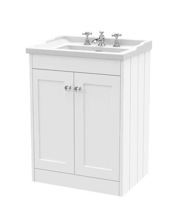 Old London Ashwick Satin White 600mm Floorstanding 2-Door Unit With Basin 3 Tap Hole