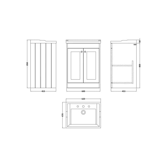 Old London Ashwick Satin White 600mm Floorstanding 2-Door Unit With Basin 3 Tap Hole