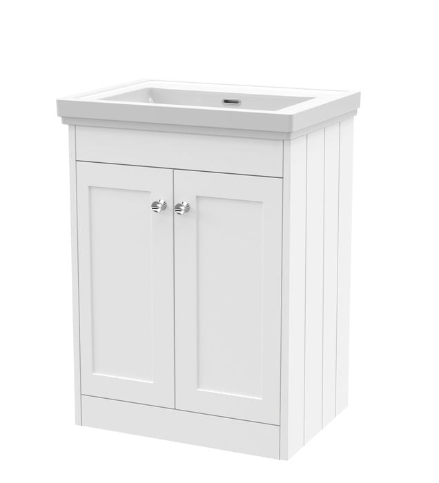 Old London Ashwick Satin White 600mm Floorstanding 2-Door Unit With Basin No Tap Hole