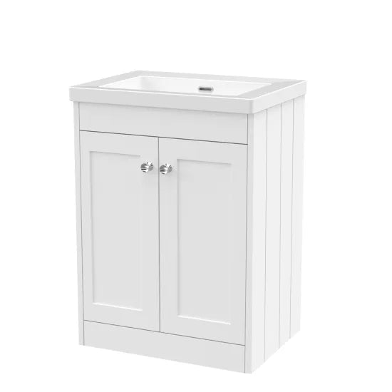 Old London Ashwick Satin White 600mm Floorstanding 2-Door Unit With Basin No Tap Hole