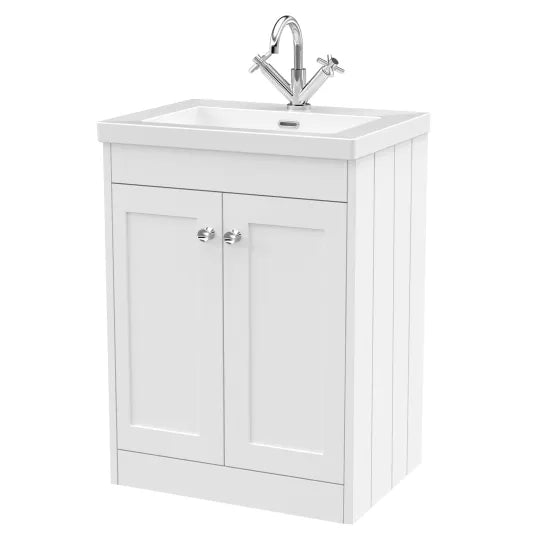 Old London Ashwick Satin White 600mm Floorstanding 2-Door Unit With Basin 1 Tap Hole