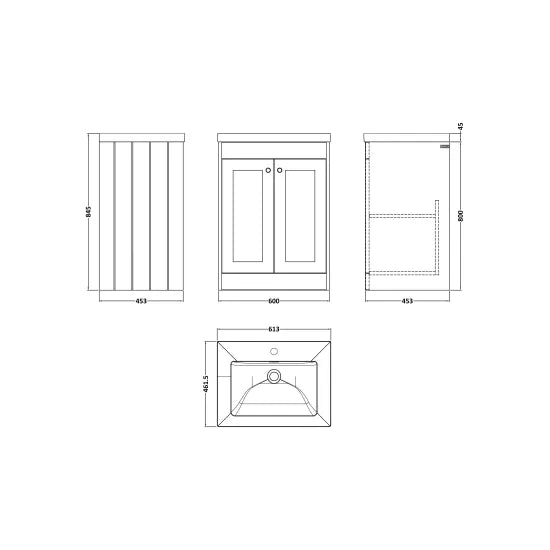 Old London Ashwick Satin White 600mm Floorstanding 2-Door Unit With Basin 1 Tap Hole