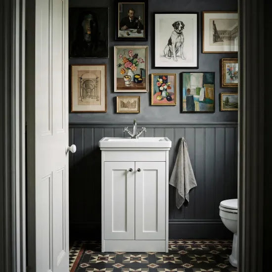 Old London Ashwick Satin White 600mm Floorstanding 2-Door Unit With Basin 1 Tap Hole