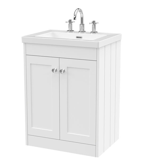 Old London Ashwick Satin White 600mm Floorstanding 2-Door Unit With Basin 3 Tap Hole