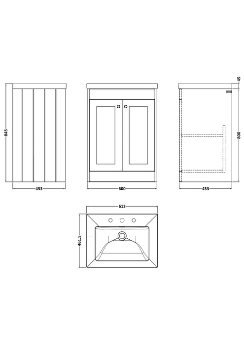 Old London Ashwick Satin White 600mm Floorstanding 2-Door Unit With Basin 3 Tap Hole