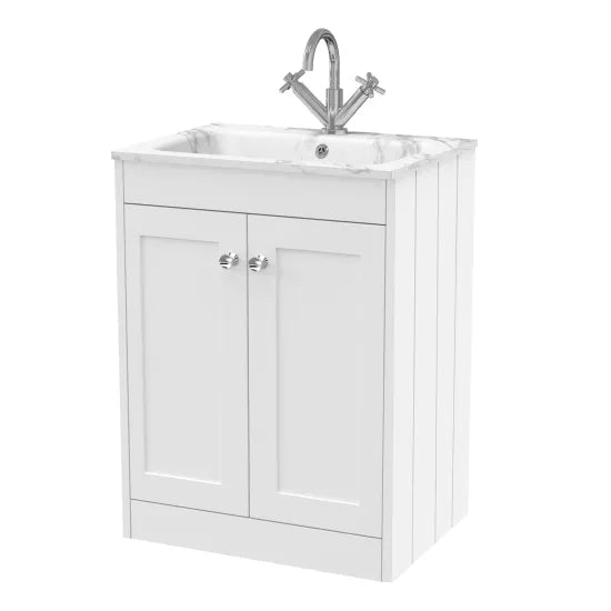 Old London Ashwick Satin White 600mm Floorstanding 2-Door Unit With Stone Basin 1 Tap Hole