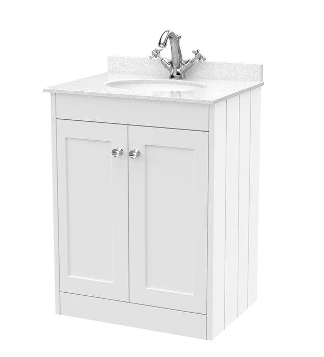 Old London Ashwick Satin White 600mm Floorstanding 2-Door Unit With Marble Top 1 Tap Hole