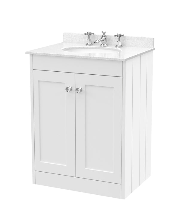 Old London Ashwick Satin White 600mm Floorstanding 2-Door Unit With Marble Top 3 Tap Hole