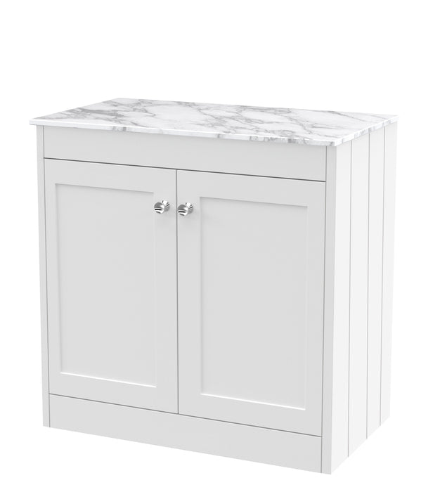 Old London Ashwick Satin White 800mm Floorstanding 2-Door Unit With Marble Top