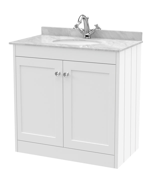 Old London Ashwick Satin White 800mm Floorstanding 2-Door Unit With Marble Top 1 Tap Hole