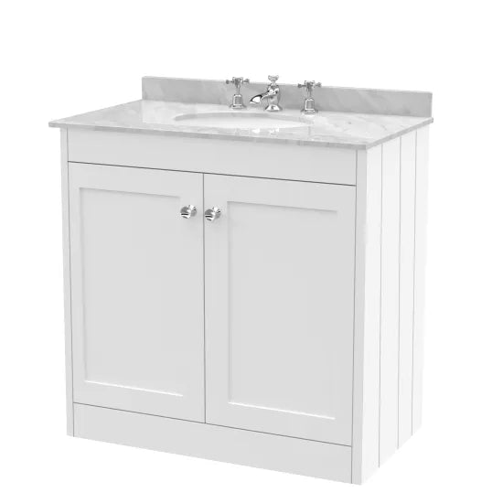Old London Ashwick Satin White 800mm Floorstanding 2-Door Unit With Marble Top 3 Tap Hole