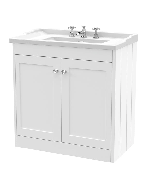 Old London Ashwick Satin White 800mm Floorstanding 2-Door Unit With Basin 3 Tap Hole