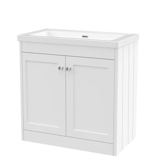 Old London Ashwick Satin White 800mm Floorstanding 2-Door Unit With Basin No Tap Hole