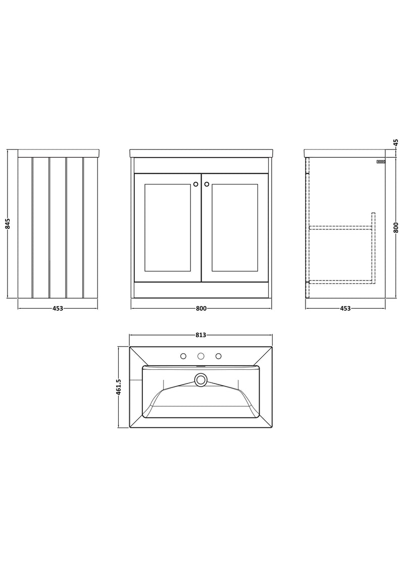 Old London Ashwick Satin White 800mm Floorstanding 2-Door Unit With Basin 3 Tap Hole