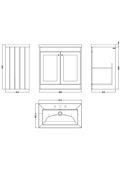 Old London Ashwick Satin White 800mm Floorstanding 2-Door Unit With Basin 3 Tap Hole