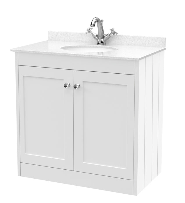 Old London Ashwick Satin White 800mm Floorstanding 2-Door Unit With Marble Top 1 Tap Hole