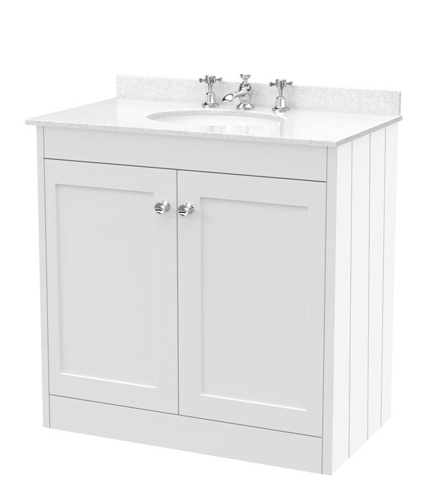 Old London Ashwick Satin White 800mm Floorstanding 2-Door Unit With Marble Top 3 Tap Hole