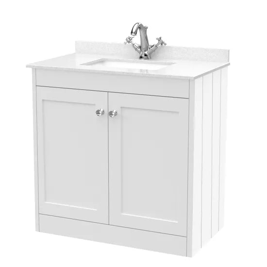 Old London Ashwick Satin White 800mm Floorstanding 2-Door Unit With Marble Top 1 Tap Hole