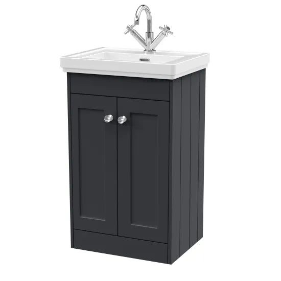 Old London Ashwick Satin Soft Black 500mm Floorstanding 2-Door Unit With Basin 1 Tap Hole