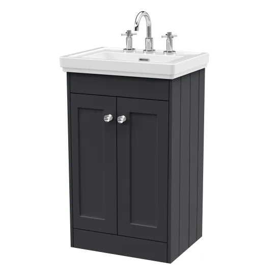 Old London Ashwick Satin Soft Black 500mm Floorstanding 2-Door Unit With Basin 3 Tap Hole