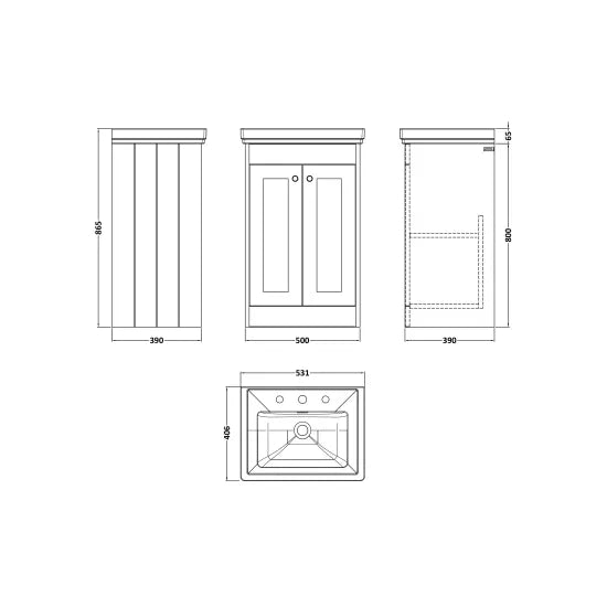 Old London Ashwick Satin Soft Black 500mm Floorstanding 2-Door Unit With Basin 3 Tap Hole