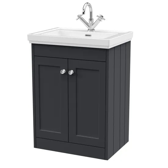 Old London Ashwick Satin Soft Black 600mm Floorstanding 2-Door Unit With Basin 1 Tap Hole