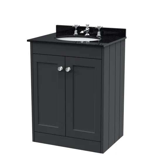 Old London Ashwick Satin Soft Black 600mm Floorstanding 2-Door Unit With Marble Top 3 Tap Hole