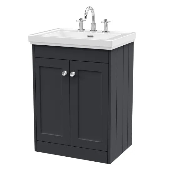 Old London Ashwick Satin Soft Black 600mm Floorstanding 2-Door Unit With Basin 3 Tap Hole