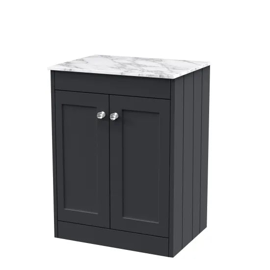Old London Ashwick Satin Soft Black 600mm Floorstanding 2-Door Unit With Marble Top
