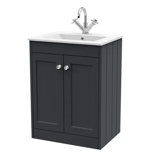 Old London Ashwick Satin Soft Black 600mm Floorstanding 2-Door Unit With Basin 1 Tap Hole