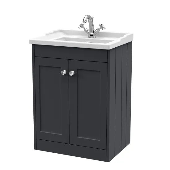 Old London Ashwick Satin Soft Black 600mm Floorstanding 2-Door Unit With Basin 1 Tap Hole