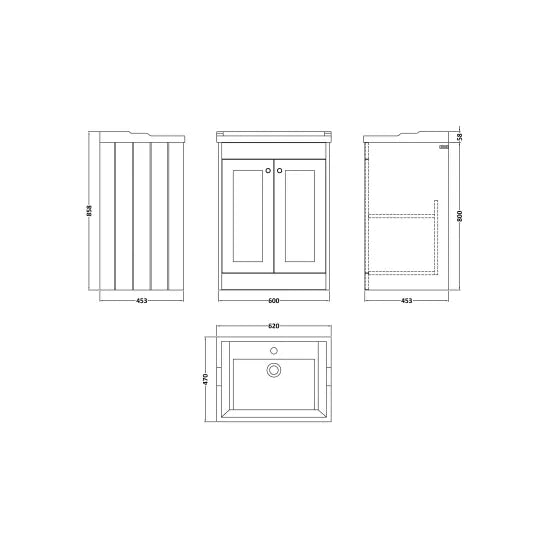 Old London Ashwick Satin Soft Black 600mm Floorstanding 2-Door Unit With Basin 1 Tap Hole