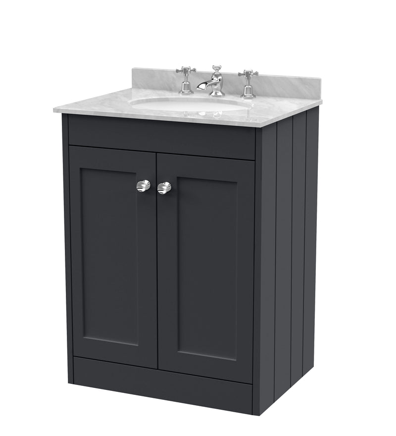 Old London Ashwick Satin Soft Black 600mm Floorstanding 2-Door Unit With Marble Top 3 Tap Hole