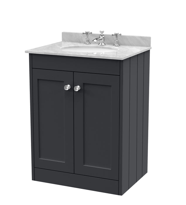Old London Ashwick Satin Soft Black 600mm Floorstanding 2-Door Unit With Marble Top 3 Tap Hole