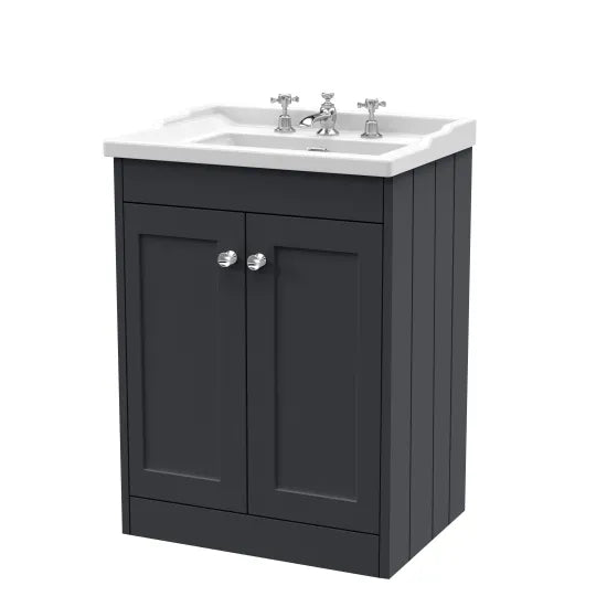 Old London Ashwick Satin Soft Black 600mm Floorstanding 2-Door Unit With Basin 3 Tap Hole