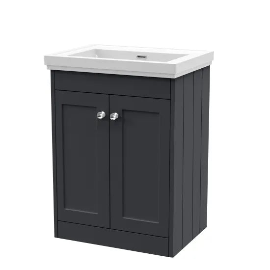 Old London Ashwick Satin Soft Black 600mm Floorstanding 2-Door Unit With Basin No Tap Hole