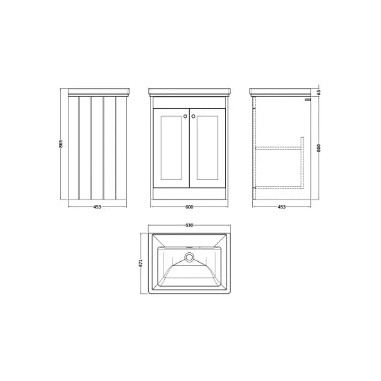 Old London Ashwick Satin Soft Black 600mm Floorstanding 2-Door Unit With Basin No Tap Hole