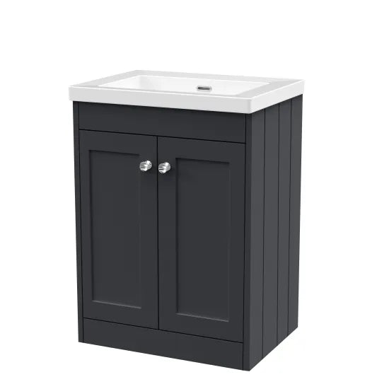 Old London Ashwick Satin Soft Black 600mm Floorstanding 2-Door Unit With Basin No Tap Hole