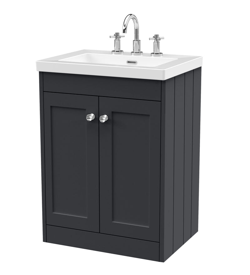 Old London Ashwick Satin Soft Black 600mm Floorstanding 2-Door Unit With Basin 3 Tap Hole