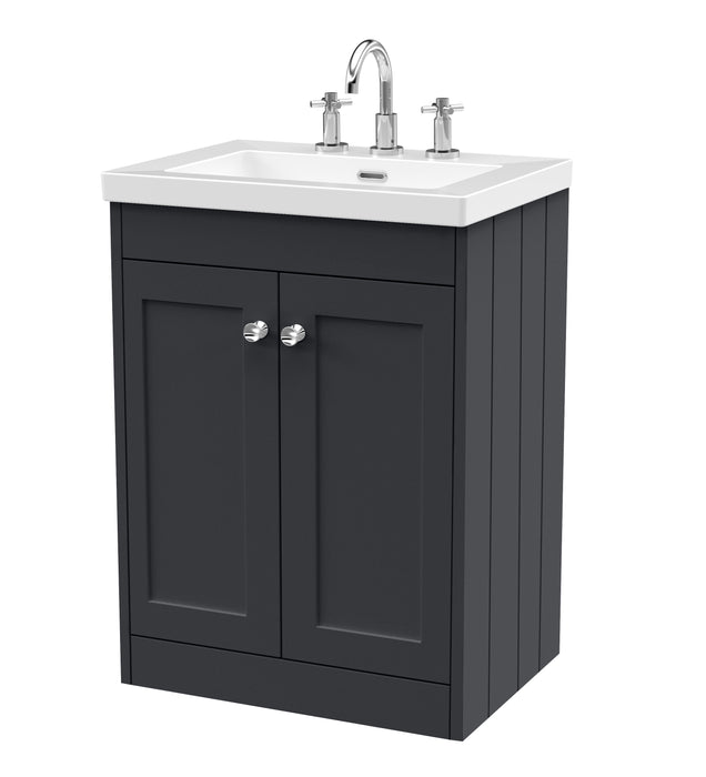 Old London Ashwick Satin Soft Black 600mm Floorstanding 2-Door Unit With Basin 3 Tap Hole