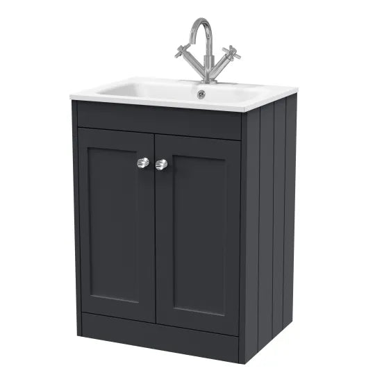 Old London Ashwick Satin Soft Black 600mm Floorstanding 2-Door Unit With Stone Basin 1 Tap Hole