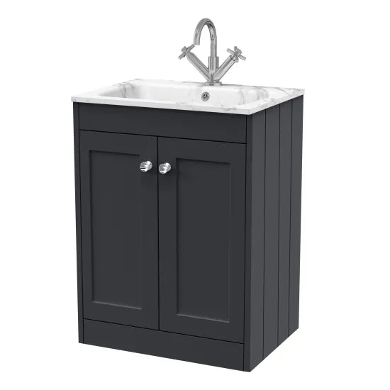 Old London Ashwick Satin Soft Black 600mm Floorstanding 2-Door Unit With Stone Basin 1 Tap Hole