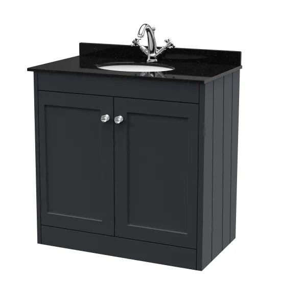 Old London Ashwick Satin Soft Black 800mm Floorstanding 2-Door Unit With Marble Top 1 Tap Hole