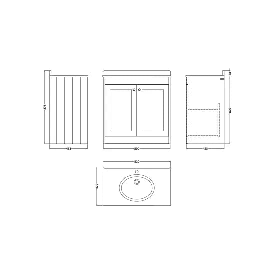 Old London Ashwick Satin Soft Black 800mm Floorstanding 2-Door Unit With Marble Top 1 Tap Hole