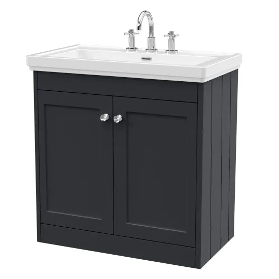 Old London Ashwick Satin Soft Black 800mm Floorstanding 2-Door Unit With Basin 3 Tap Hole