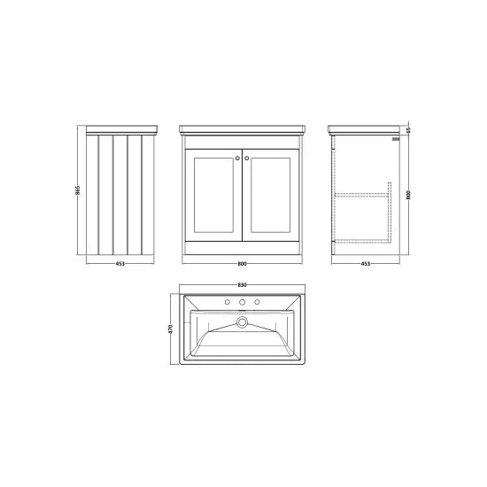 Old London Ashwick Satin Soft Black 800mm Floorstanding 2-Door Unit With Basin 3 Tap Hole