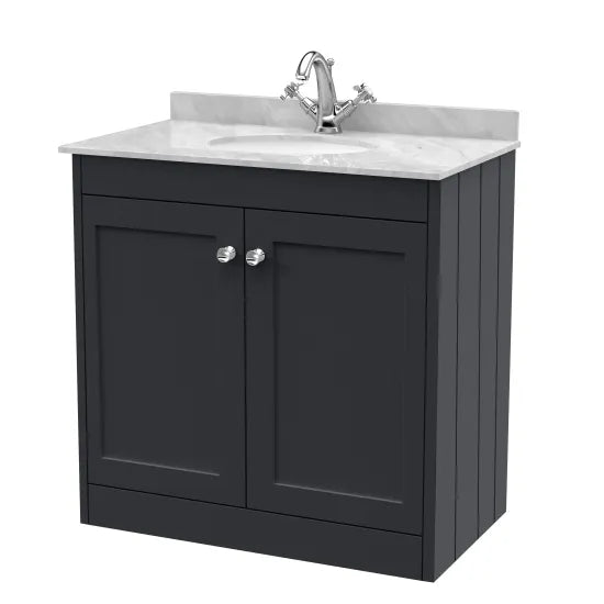 Old London Ashwick Satin Soft Black 800mm Floorstanding 2-Door Unit With Marble Top 1 Tap Hole