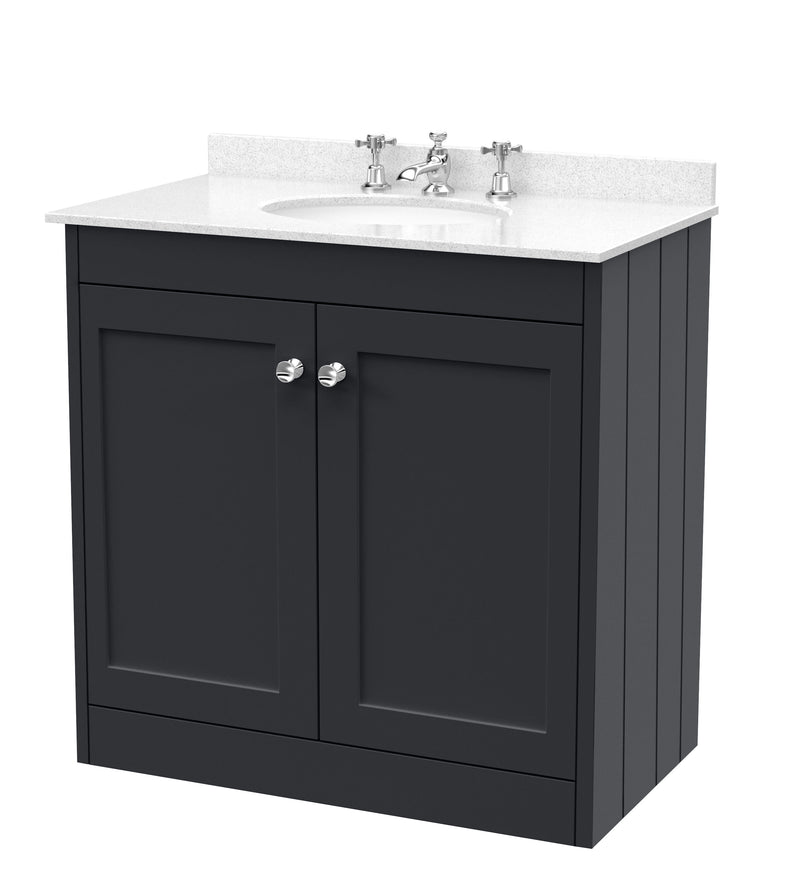 Old London Ashwick Satin Soft Black 800mm Floorstanding 2-Door Unit With Marble Top 3 Tap Hole